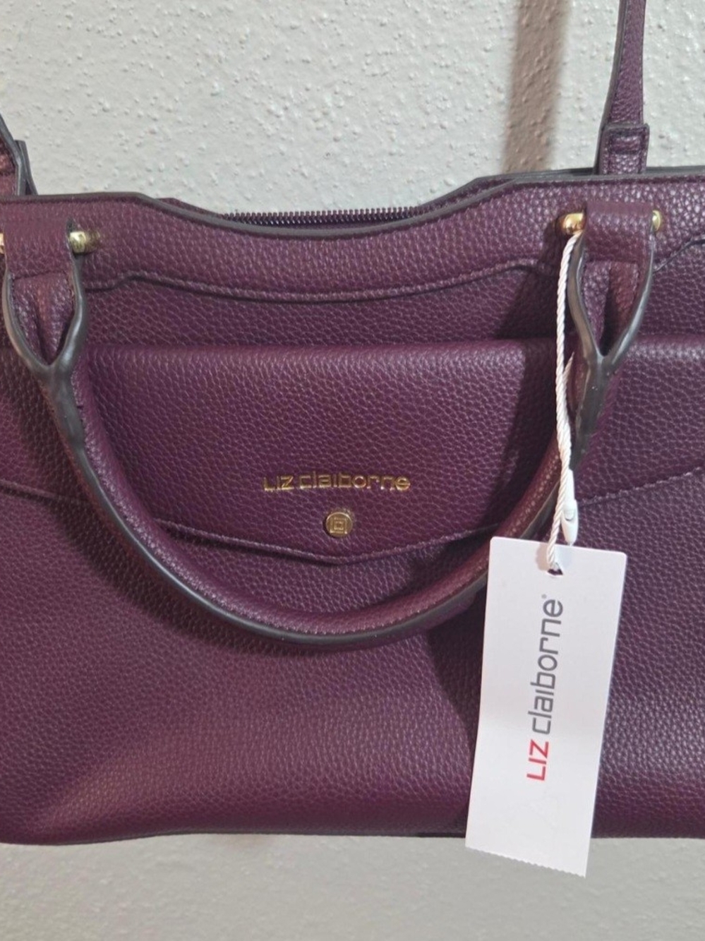 Liz Claiborne Deep Plum Pebbled Leather Tote with Gold Hardware